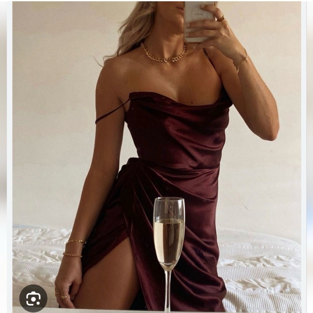 House of CB Burgundy Satin Midi Dress